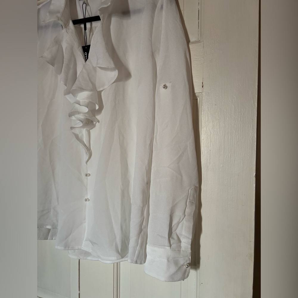 NWT Karl Lagerfeld ruffle front button down blouse - Picture 5 of 12